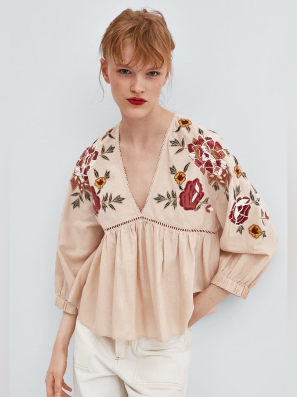 Zara Linen Floral Embroidered Babydoll Blouse